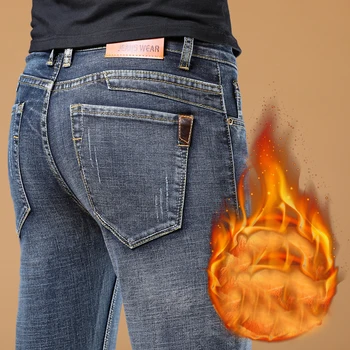 Зимние Теплые Фланелевые джинсы-стрейч, мужские флисовые брюки известного бренда зимнего качества, Прямые брюки-флокировки, джинсовые джинсы