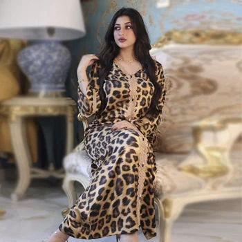 Ид Рамадан, модный принт, леопардовое кружевное вечернее платье для женщин, Jalabiya Dubai, арабская мусульманская одежда с V-образным вырезом и длинным рукавом, исламская одежда 3
