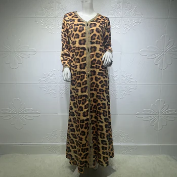 Ид Рамадан, модный принт, леопардовое кружевное вечернее платье для женщин, Jalabiya Dubai, арабская мусульманская одежда с V-образным вырезом и длинным рукавом, исламская одежда 4