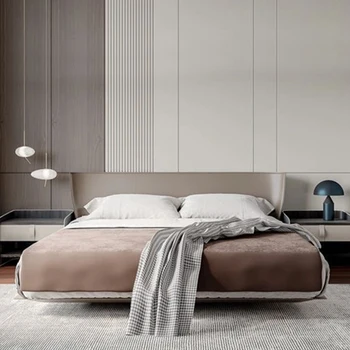 Имеется в виду кровать из натуральной кожи, дизайнерская итальянская минималистская плавающая кровать, двуспальная кровать, современная главная спальня