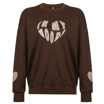 Инди-эстетика, свитер оверсайз с принтом в виде сердца, толстовка Y2K, ретро-коричневый свитер, осенне-зимний свитер, рубашка с круглым вырезом. 4