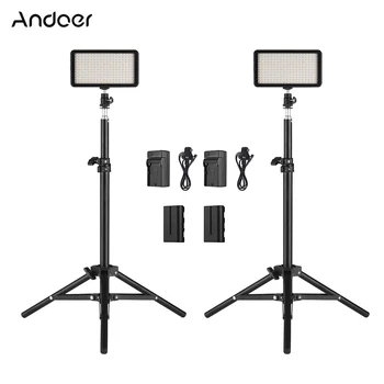 Комплект светодиодного видеосигнала для Зеркальной камеры Andoer включает в себя 2шт Светодиодного видеосигнала с регулируемой яркостью + 2шт Световую Подставку + 2шт Аккумулятор и зарядные устройства