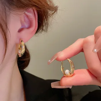 Корейские Геометрические Круглые Серьги-кольца с жемчужной пряжкой для ушей для женщин 2023, Новая Мода Brincos Feminino 1
