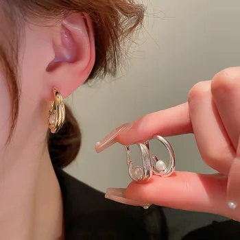 Корейские Геометрические Круглые Серьги-кольца с жемчужной пряжкой для ушей для женщин 2023, Новая Мода Brincos Feminino 4