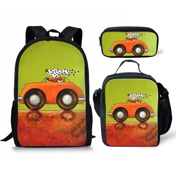 Креативный мультяшный забавный автомобиль с 3D-принтом, 3 шт./компл., школьные сумки для учеников, рюкзак для ноутбука, сумка для ланча, пенал