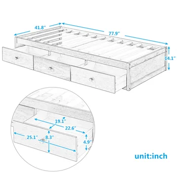 Кровать-платформа двойного размера с 3 выдвижными ящиками, белая 5