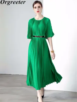 Летнее Зеленое платье для женщин, шикарный плиссированный дизайн, Длинное платье Vestido, Элегантная Простая серия, Однотонное Цельнокроеное платье Оверсайз с поясом