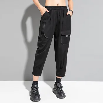 Летние эластичные Черные повседневные шаровары с высокой талией, женская уличная одежда в стиле хип-хоп, свободные Модные брюки-карго с карманами, 7069