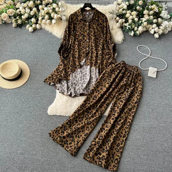 Модный комплект Korejepo с леопардовым принтом, женская рубашка в стиле ретро Lazy неправильной формы с длинным рукавом, узкие широкие брюки с высокой талией, комплекты из двух предметов