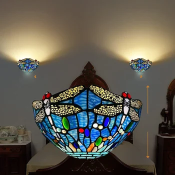Настенный светильник Tiffany, витражная лампа, винтажный домашний декор в стиле стрекозы, синий настенный светильник для прихожей, лестницы, спальни
