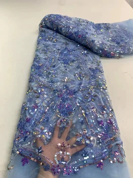 Небесно-голубое роскошное кружево с бисером и пайетками Африканская кружевная ткань 2023 Высококачественная Нигерийская сетчатая кружевная ткань для вечернего платьяzx48