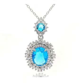 Необычное ожерелье с подвеской овальной огранки с двойным ореолом озерно-голубого цвета из циркона для женщин, винтажный модный аксессуар