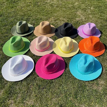 Новая цветовая цепочка, унисекс, Джазовая соломенная шляпа, женская кепка для отдыха на море, Пляжная кепка, мужская мода, Ковбойские шляпы в западном стиле с широкими полями.