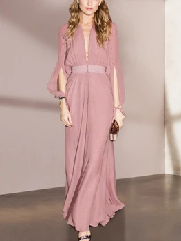 Новинка 2023 года, винтажное длинное вечернее платье из розового шифона, высококачественное платье длиной до щиколоток с V-образным вырезом и длинным рукавом, Подиумная мода