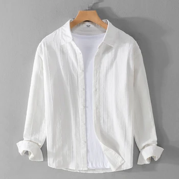 Новые качественные брендовые рубашки из хлопка и льна с длинными рукавами Для мужчин, модные удобные объемные жаккардовые топы, одежда Camisa