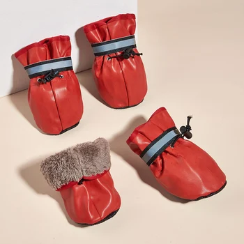 Обувь для больших собак Зимние Теплые флисовые непромокаемые ботинки из искусственной кожи для крупных средних собак Лабрадор Противоскользящая Светоотражающая обувь 2