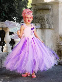 Платье-пачка с блестящими цветами для девочек, детское розовое платье из тюля, вязаное крючком, бальное платье с крылышками и палочкой, детское праздничное платье для костюмов