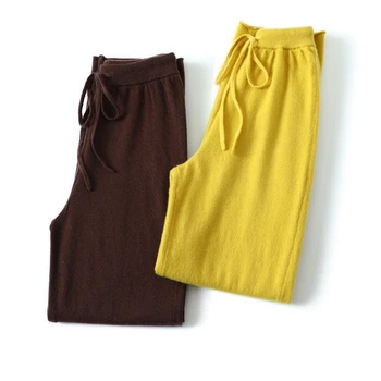 Приятные к телу мягкие желтые кашемировые брюки с кружевом, женская верхняя одежда, прямые повседневные брюки на осень и зиму