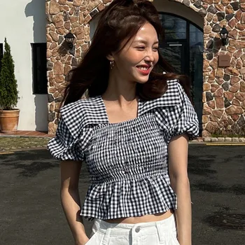 Простая блузка Iyundo в корейском стиле с квадратным вырезом, клетчатые плиссированные Шикарные рубашки, Винтажные оборки, Короткие блузки, Летняя шикарная одежда, топы 3
