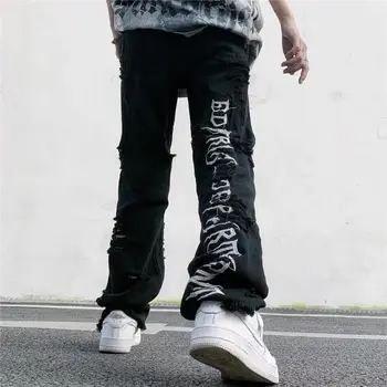 Рваные прямые джинсы с вышивкой в стиле Хай-стрит, мужские и женские, в стиле американского хип-хопа, ретро, свободные широкие брюки, мешковатые трендовые джинсы