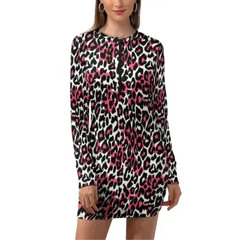 Розовое Леопардовое платье с длинным рукавом и принтом из кожи животных, Эстетичные платья, Летнее Винтажное Облегающее платье, Женская Графическая одежда Оверсайз