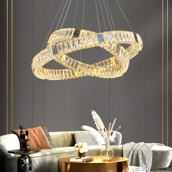 Роскошная кольцевая хрустальная светодиодная люстра для гостиной, столовой, современный круглый подвесной светильник, большой золотой светильник для освещения помещений