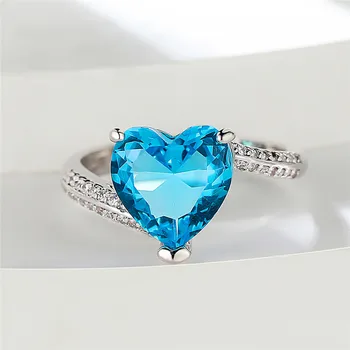 Роскошное женское регулируемое кольцо с небольшим светло-голубым камнем, классическое обручальное кольцо серебряного цвета, обручальные кольца с кристаллами в виде сердца для женщин