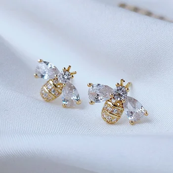 Роскошные женские серьги-гвоздики с маленькими пчелками, милые свадебные серьги цвета желтого золота для женщин, очаровательные серьги с камнем циркон для помолвки 0