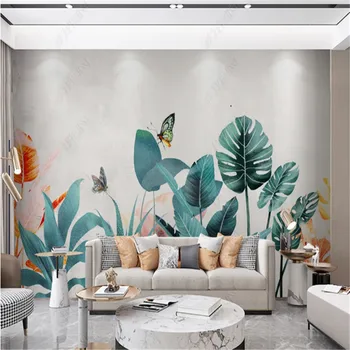 Скандинавские современные светлые роскошные обои для гостиной с листьями тропических растений, Небольшой свежий фон для телевизора, обои для домашнего декора, фреска