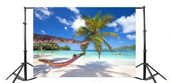 Фон для фотографии Пляж Приморская Кокосовая Пальма Гамак Голубое Небо Белое Облако Природа