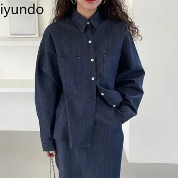 Шикарный комплект юбок в стиле ретро от Iyundo, однотонная свободная повседневная рубашка и блузка с лацканами, юбки-трапеции с высокой талией, весенние комплекты из двух предметов в корейском стиле