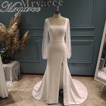 Элегантное свадебное платье Mryarce из крепа с квадратным вырезом и длинными рукавами с жемчугом, свадебные платья с разрезом по бокам