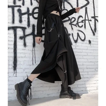 Юбки в стиле харадзюку в стиле панк, женская мода 2020, готическая юбка с высокой талией и пряжкой, нерегулярные черные женские юбки, уличная одежда